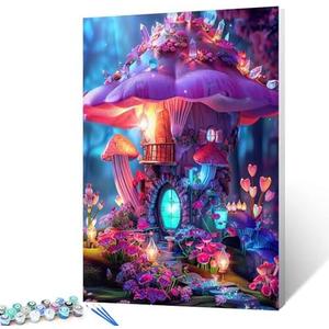 Set of 2 Pack, Oil Number Painting for Adults Colorful Mushroom House with Crystal Lights Paint by Number for Beginner With Brushes and Acrylic Pigment Fantasy Style Artwork for Home Decor Gift 16x20in (Frameless)