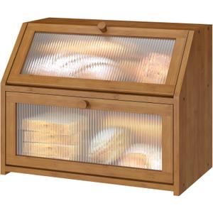 Bread Box for Kitchen Counter, Large Bamboo Wood Double Layer Bread Box, Wooden Bread Storage Capacity (Brown)