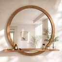 Vercraft 30 Inch Round Wall Mirror with Shelf Solid Wood Frame Rustic Circle Mirror Handcrafted for Entryway Bathroom or Living Room Decorative (Brown)