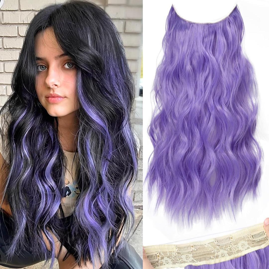 KooKaStyle Invisible Wire Hair Extensions with Transparent Headband Adjustable Size 4 Secure Clips Long Wavy Secret Wire Hairpiece 20 Inch for Women(Lavender)