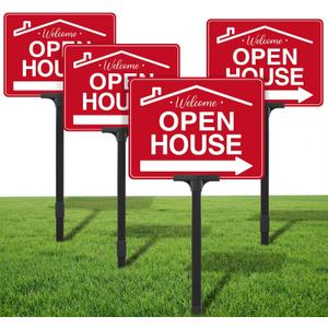 4 Pack Open House Signs for Real Estate Double-Sided Aluminum Yard Signs 15.7" x11.8" with Adjustable 32" Plastic Stakes UV Ink Outdoor Metal Yard Directional Arrows Agent Supplies (Red)