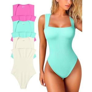 OQQ Women's 3 Piece Bodysuits Sexy Ribbed Strappy Square Neck Sleeveless Tummy Control Tank Tops Bodysuits Rose Mint green Beige L