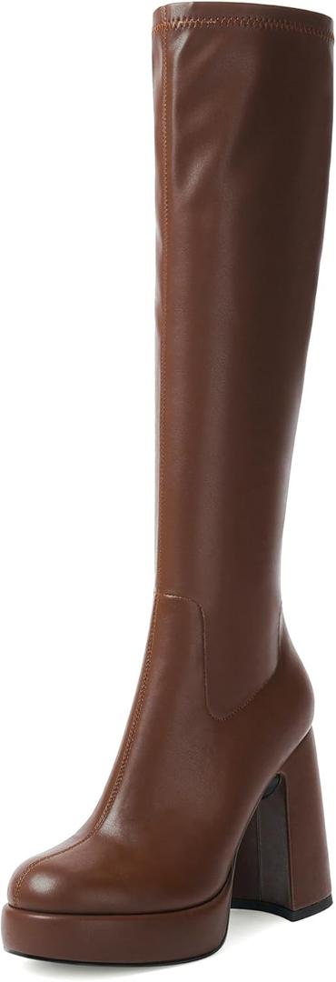 Modatope Platform Knee High Boots for Women Chunky Heel Rounded Toe Womens Knee High Boots Side Zipper Tall Boots (10)