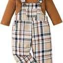 Toddler Baby Girl Christmas Clothes Ruffled Top Plaid Bib Overalls Pocket Suspender Pants Set Thanksgiving Outfits, 6-12M