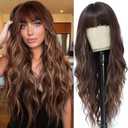 MINSEEYOO Brown Mix Blonde Wig with Bangs for Women Long Brown Highlights Wavy Wigs 26 Inch Brown Wigs Natural Looking Heat Resistant Synthetic Wig for Daily Party Use