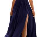 BTFBM Women Halter Summer Dresses 2025 Sleeveless Cutout Backless Sundress Slit Boho Casual Maxi Wedding Beach Dress (L, Navy)