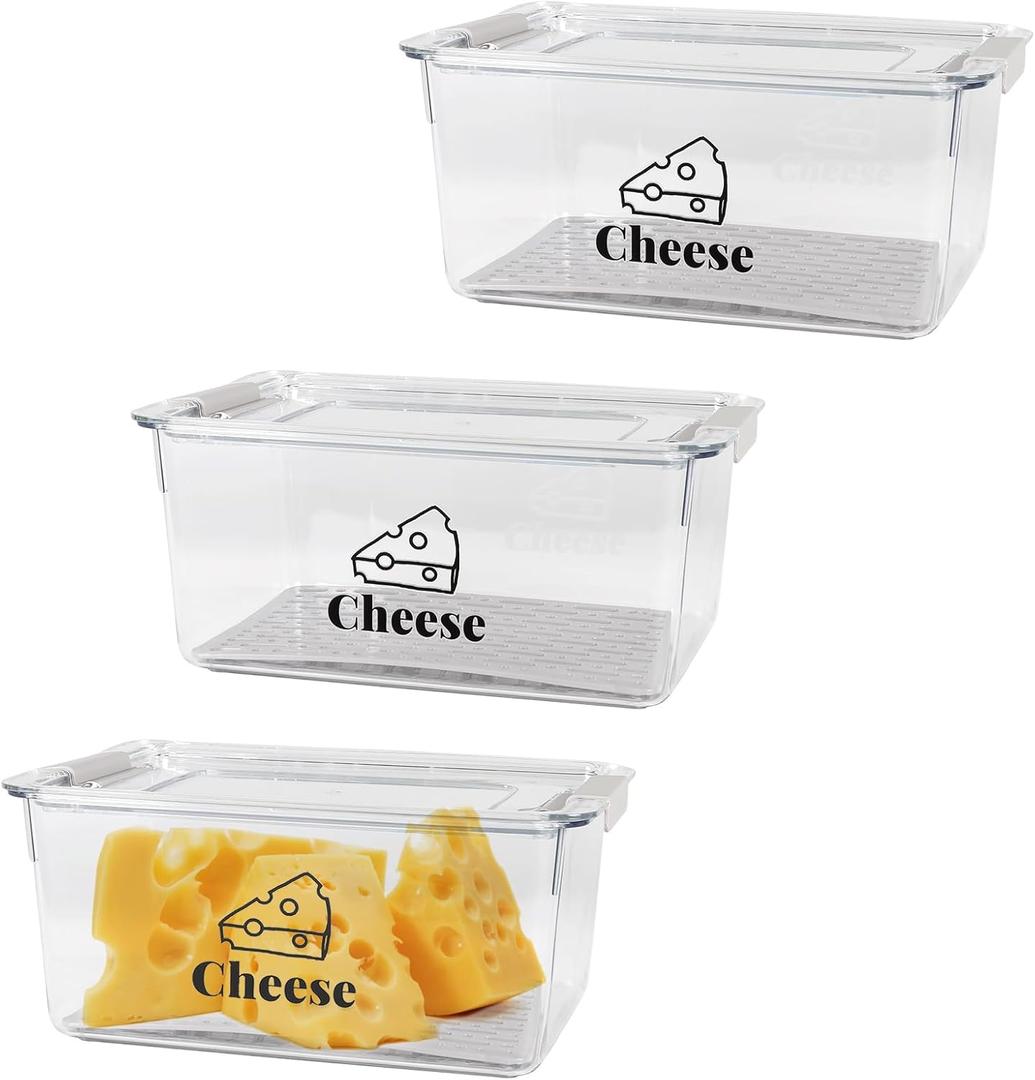 Cheese Holder Food Storage, Airtight Cheese Storage Box with Lid- Non Toxic, Lunch Meat Storage Sandwich Ham Cheeses Salami Sliced Turkey for Refrigerator to Keep Food Fresh,Clear-3Pack