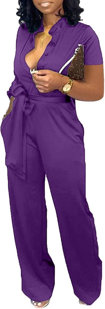 Xinlees Womens Elegant Jumpsuit Casual Stand Collar Button Down Long Pants Rompers Straight Club Outfits (Medium)