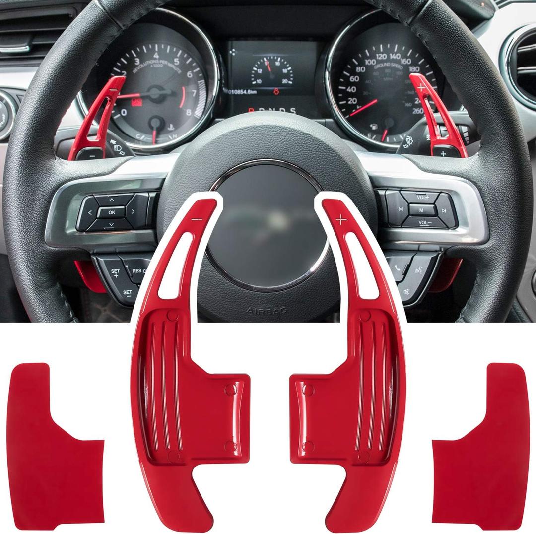 Steering Wheel Shift Paddle Extended Shifter Trim Cover for Ford Mustang 2015 2016 2017 2018 2019 2020 2021 2022 2023 Interior Decoration Accessories Aluminum Alloy (Red 2PCS)