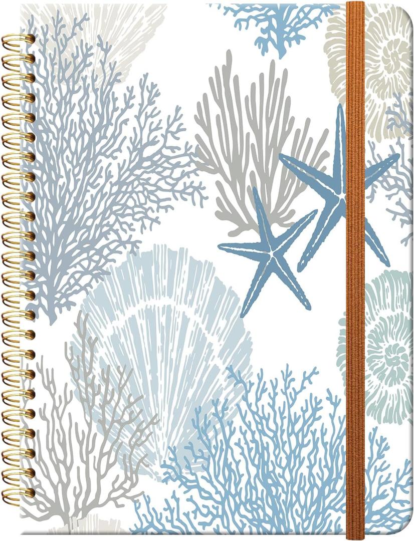 Ruled Spiral Writing Notebook,A5 Hardcover Lined College Journal for Women,Strong Twin-Wire Binding with Premium Paper,8.4" X 6",Perfect for School,Office,Home(Sea Shells Coral Stars)