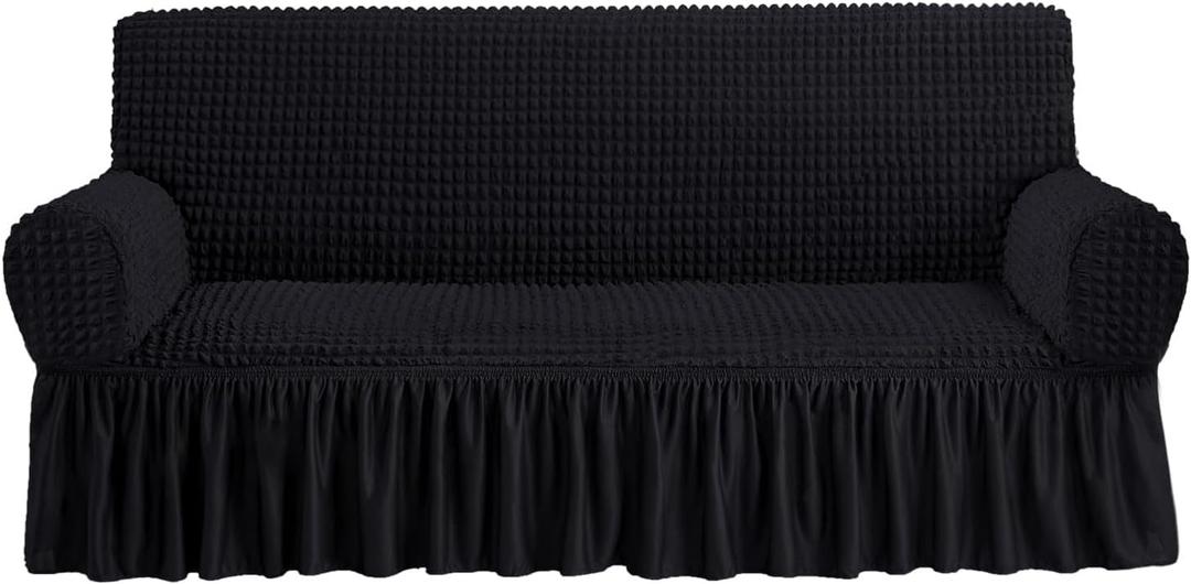 NICEEC Sofa Slipcover Black Sofa Cover 1 Piece Easy Fitted Sofa Couch Covers Universal High Stretch Durable Furniture Protector with Skirt Country Style (3 Seater Black)