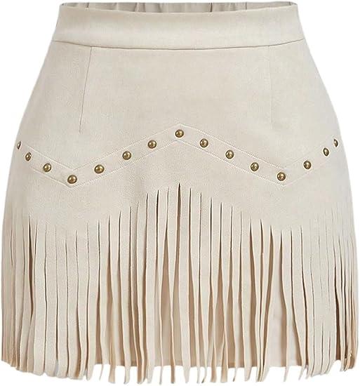 SweatyRocks Women's Suede Fringe Sexy Cowgirl Skirts Country Concert Outfit Western High Waisted Skirt, Size -XS