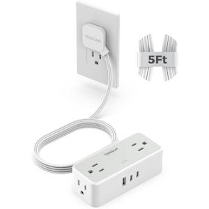 Flat Plug Extension Cord 5 FT, TESSAN Surge Protector Power Strip with 4 AC Outlets 3 USB Ports(2 USB C), 900 Joules Protection, Suitable for Home Office Dorm, Desk Organizers and Accessories (Gray)