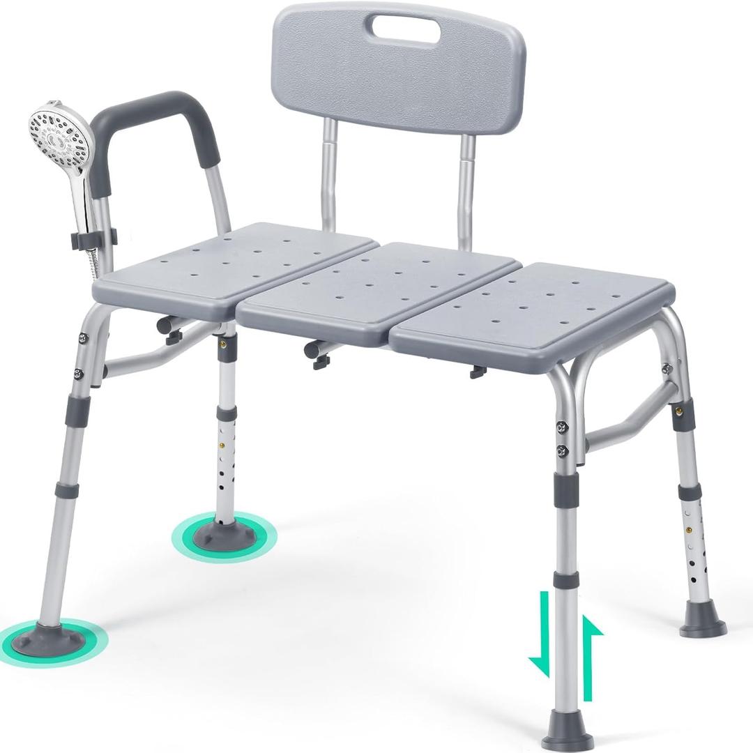 Tub Transfer Bench for Bathtub, Height Adjustable Shower Bench with Backrest, Shower Chair Bath Seat for Elderly, Seniors, Arm Support for Transfer-Gray (Large)