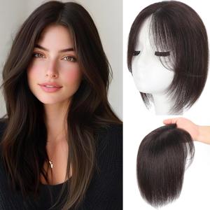 Hair Toppers for Women Real Human Hair, 3603D Topper for Women with Thinning Crown Wispy Clip in Bangs Breathable Hand Tied Craft Big Coverage Hairpieces(Dark BrownBig Coverage, 12 Inch-3D-Side)