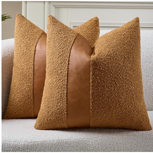 Pack of 2 Faux Leather Boucle Throw Pillow Covers 18"x18" Golden Brown Chic Accents Textured Square Decorative Pillow Cases for Living Room Couch Bed Farmhouse Boho Home Decor