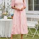MEROKEETY Women's 2025 Summer Puff Sleeve Smocked Floral Dress Crewneck Lace Flowy Tiered Midi Dresses (Pink, S)