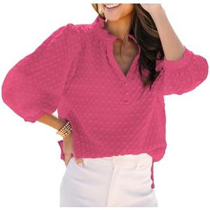 Womens Casual 3/4 Length Sleeve Tops 2025 Summer Button V Neck Texture Blouses Smocked Loose Pullover Tunic Tops Shirts, L, Pink