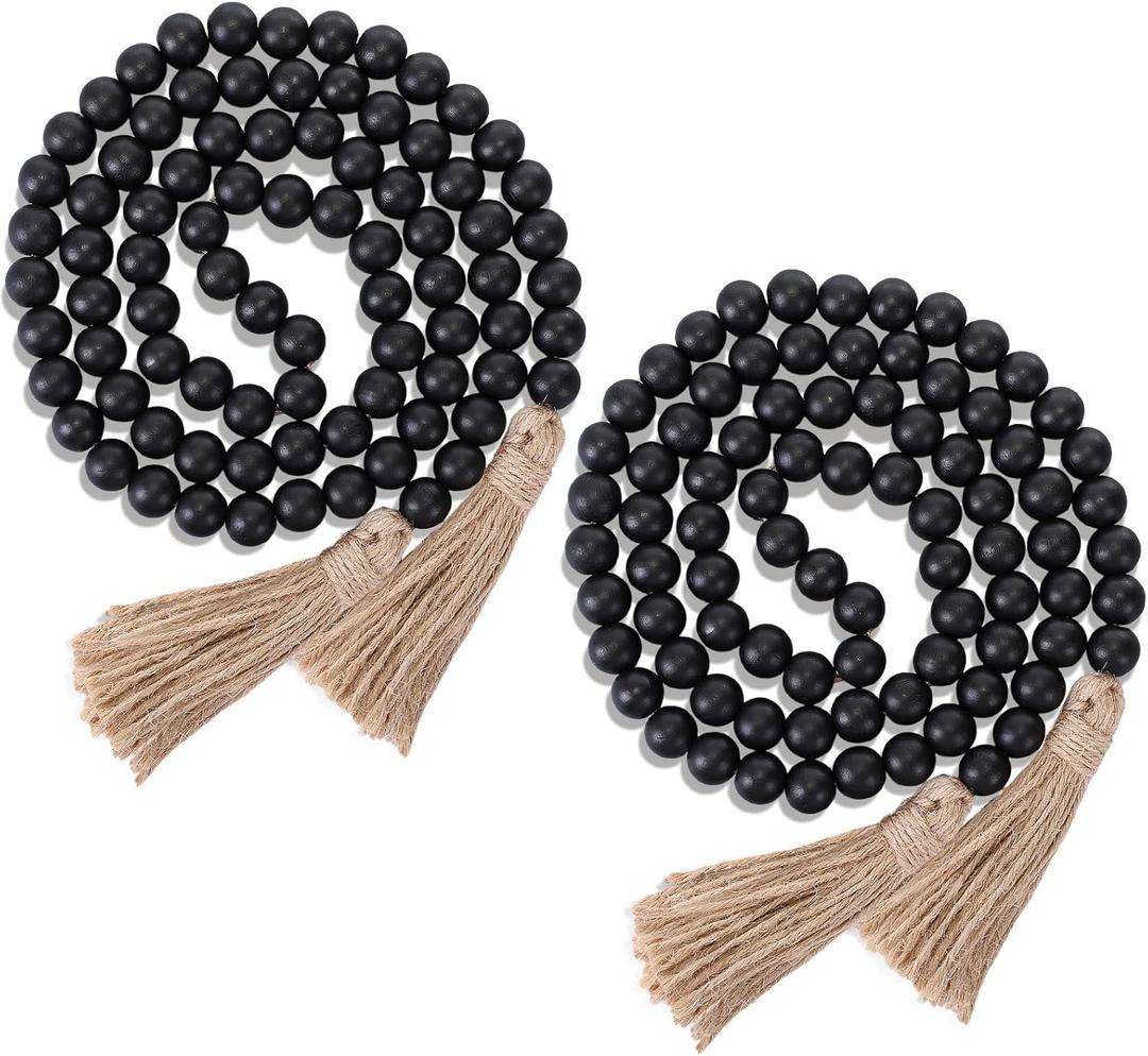 Geetery 2 Pcs 58'' Bead Garland with Tassels, Rustic Country Decor, Boho Wall Hanging for Farmhouse Style, Versatile Prayer Beads for Home, Table, or Wall Decoration (Black)