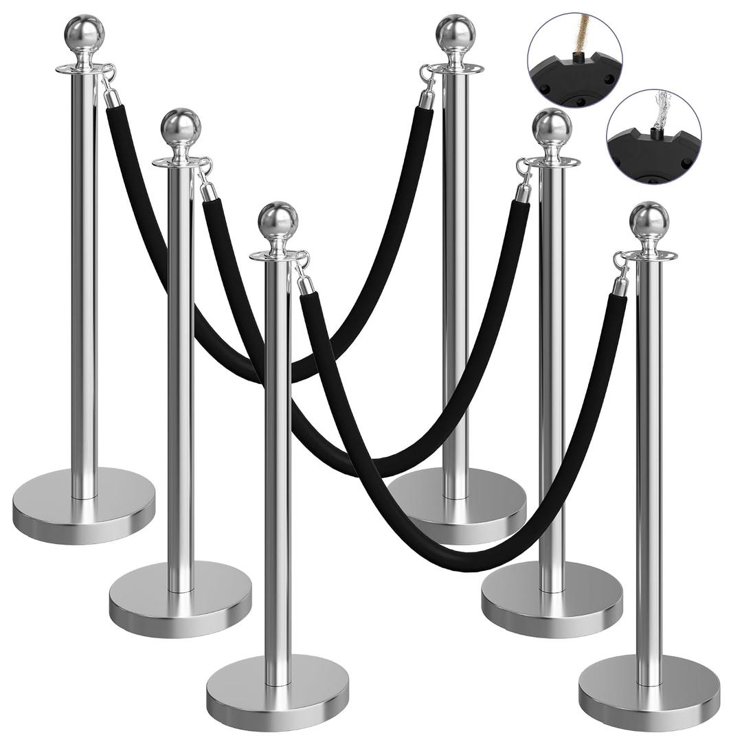6 Pack Silver Stanchions and Velvet Ropes Set, Stainless Steel Crowd Control Barriers, 3Pcs Black Ropes and Poles for Party Supplies,Photobooth Accessories,Prom,Birthday,Business,Wedding, Museums