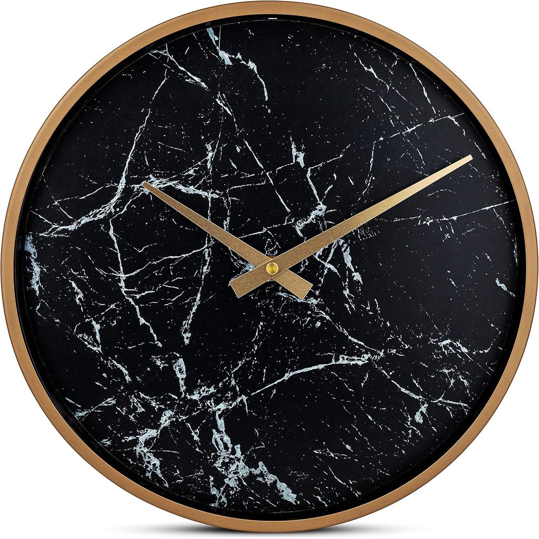 Bernhard Products Modern Wall Clock 13 Inch Noiseless Silent Non Ticking Decorative Stylish Black Marble Look and Metal Rose Gold Frame for Home Kitchen Office Living Room Bedroom
