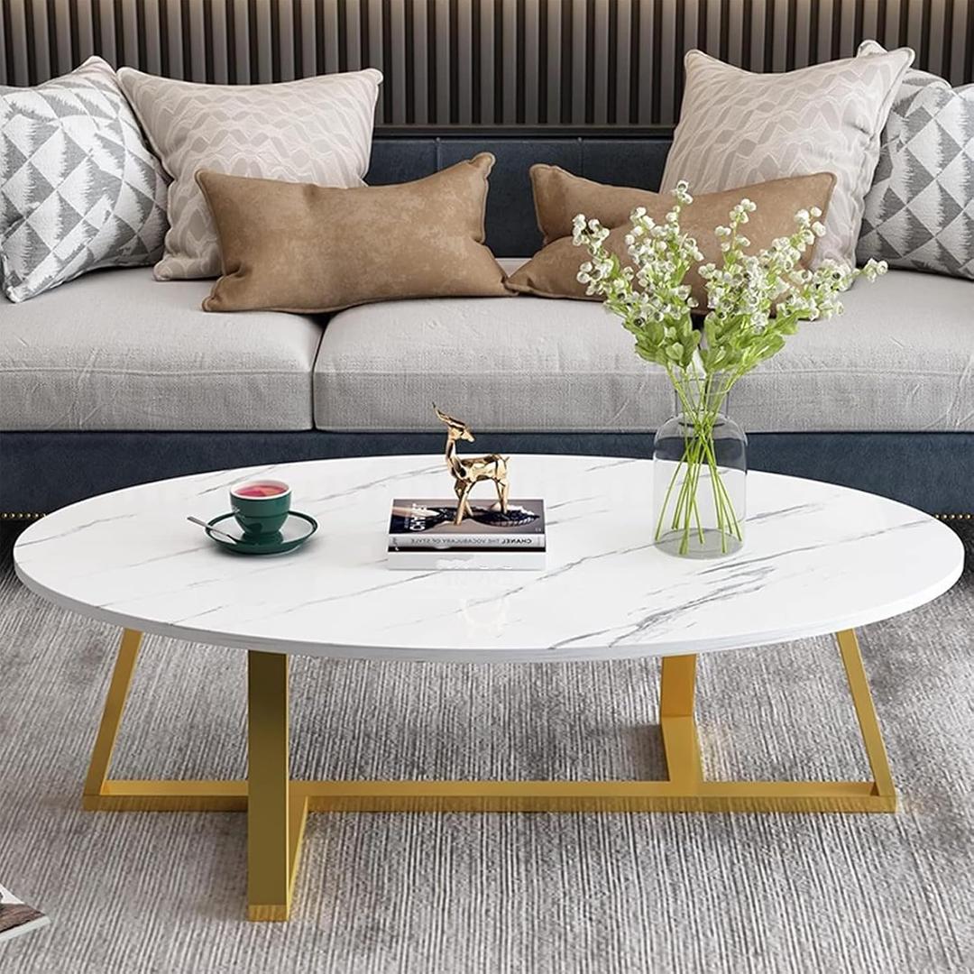 Wolawu Coffee Table White Faux Marble Coffee Table for Living Room,Oval Center Tables Modern Tea Table for Small Space,Wooden Living Room Tables End Table with Sturdy Gold Metal Leg, 39.3 x 21.6 x 17.71 inches