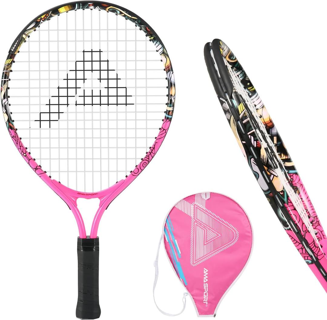 Kids Tennis Racket for Boys & Girls Aged 2-12 - Multi-Color & Style Youth Tennis Racket for Beginner, Includes 420D Nylon Shoulder Strap Bag (Pink-Graffiti)