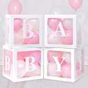 RUBFAC Baby Boxes for Baby Shower Decoration with 8 Letters and 36 Balloons 4pcs Clear Balloon Boxes BABY Blocks for Girls Birthday Party Decorations(Pink)