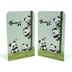 4 x Adorable Panda Bookends for Shelves,Animal Book Ends Green Panda with Bamboo Metal Kids Bookends Student Bookends Book Holder Journal Book Organizer CD Holder for Office School Desk Decoration