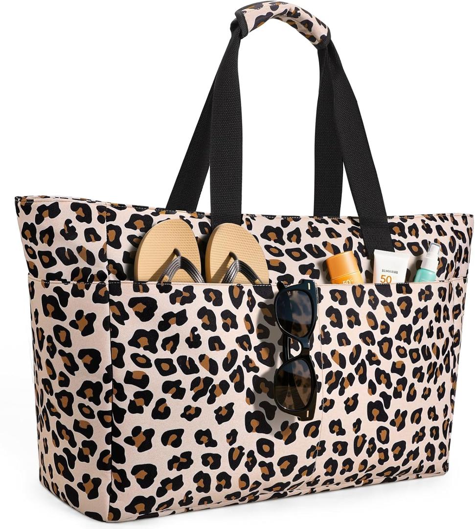 Extra Large Beach Bag Waterproof Beach Totes Bags for Women, Lightweight Foldable Pool Bag with Zipper Wet Compartment (Leopard)