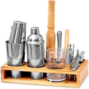Barillio Bar Tool Set Pro Edition Bundle w/Bamboo Bar Tool Stand - 33-Pc Bar Set Essentials - Stainless-Steel Cocktail Shaker Set - Mixology Bartender Kit w/Boston Shaker, Drink Mixer for Cocktails