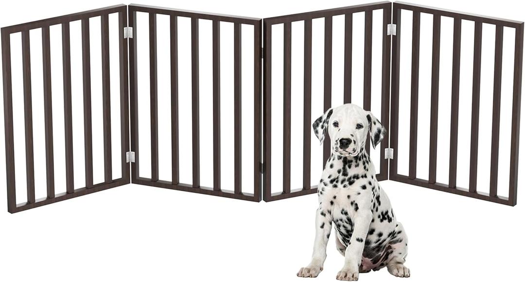Pet Gate - 4-Panel Indoor Foldable Dog Fence for Stairs, Hallways or Doorways - 72x24-Inch Retractable Wood Freestanding Dog Gates by PETMAKER (Brown)
