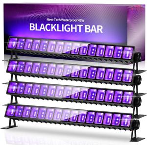 4 Pack 42W LED Black Light Bar, Waterproof Blacklight Flood Light with 6ft Cord+Plug+Switch, Light Up 24x24ft Area, for Halloween Glow Fluorescent Party Bedroom Game Room Body Paint Stage
