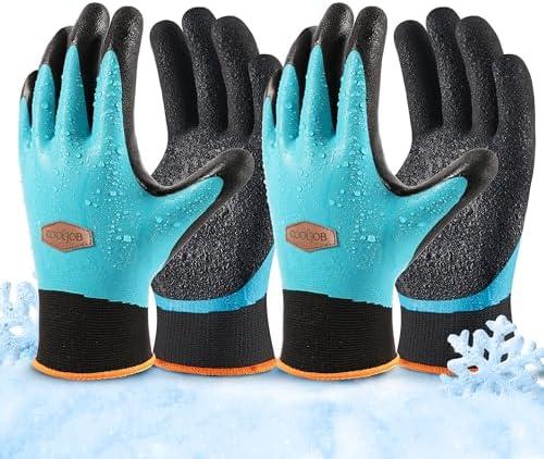 COOLJOB Waterproof Winter Freezer Gloves for Working Gardening Fishing Construction Worker, Double Coated Rubber  2 Pairs Medium Blue