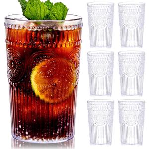 Ciaell 12 Pack Romantic Plastic Water Glasses - 14 Oz Clear Vintage Drinking Glasses, Embossed Ribbed Plastic Cups, Textured Striped Drinkware Set for Juice, Beverages, Beer, Cocktail