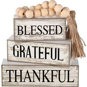 4 Pcs Farmhouse Wooden Tabletop Decor Neutral Farmhouse Tiered Tray Decor Rustic Retro Wood Bead Garland Blessed Grateful Thankful Block Sign Centerpiece for Coffee Home Office Shelf Mantle Table