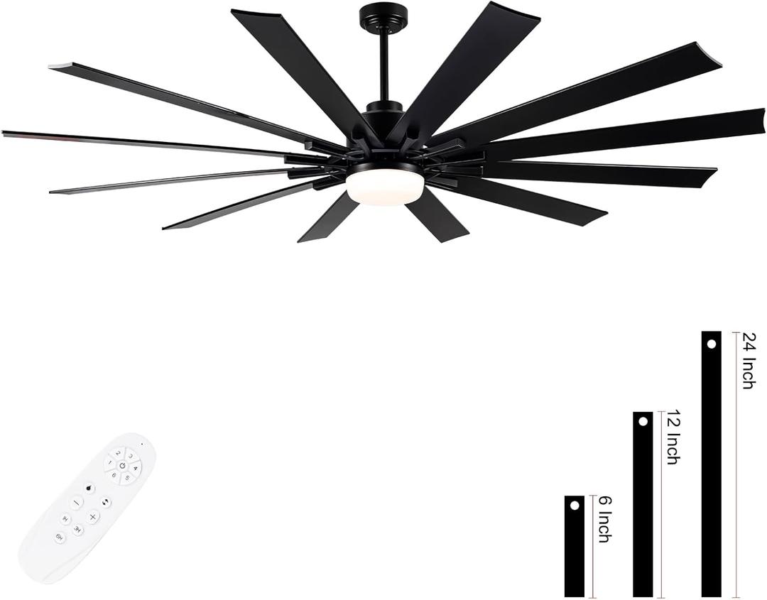 84 Inch Large Ceiling Fan with Light,12 Blades Reversible DC Ceiling Fan,6 Speeds Remote ControlDimmable 3 Color Temperatures LEDModern Black Ceiling Fans For Indoor or Covered Outdoor Use.