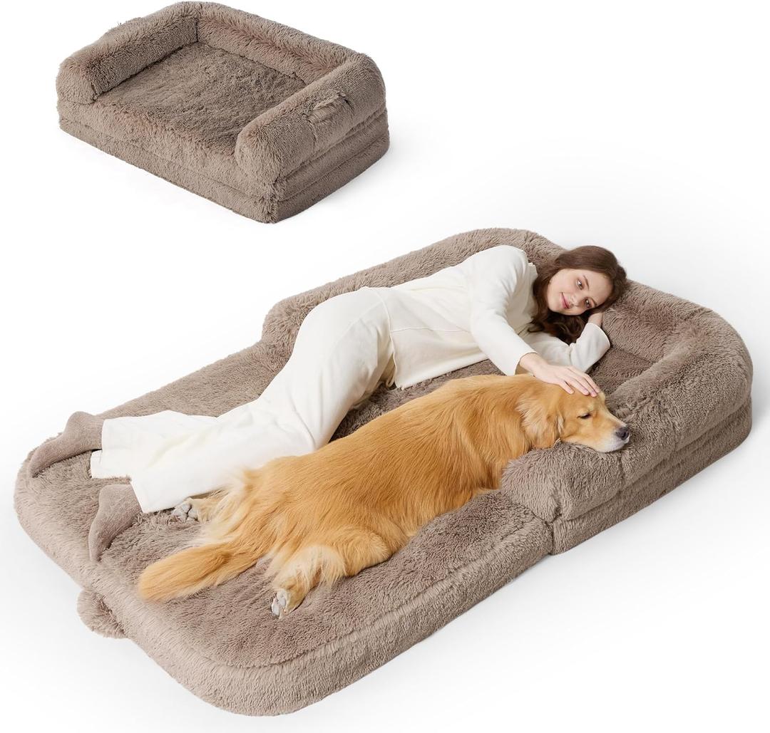 Bedsure Foldable Human Dog Bed - 2 in 1 Flexible Giant Human Dog Bed for Adult People with Supportive Bolster Egg Foam, Waterproof Liner, Calming Fluffy Faux Fur Orthopedic Big Bean Bed, Camel