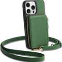ZVE for iPhone 15 Pro Crossbody Wallet Case, Card Holder Phone Purse for Women, RFID Blocking Zipper Leather Cover with Wrist Strap for iPhone 15 Pro (6.1 inch)- Dark Green