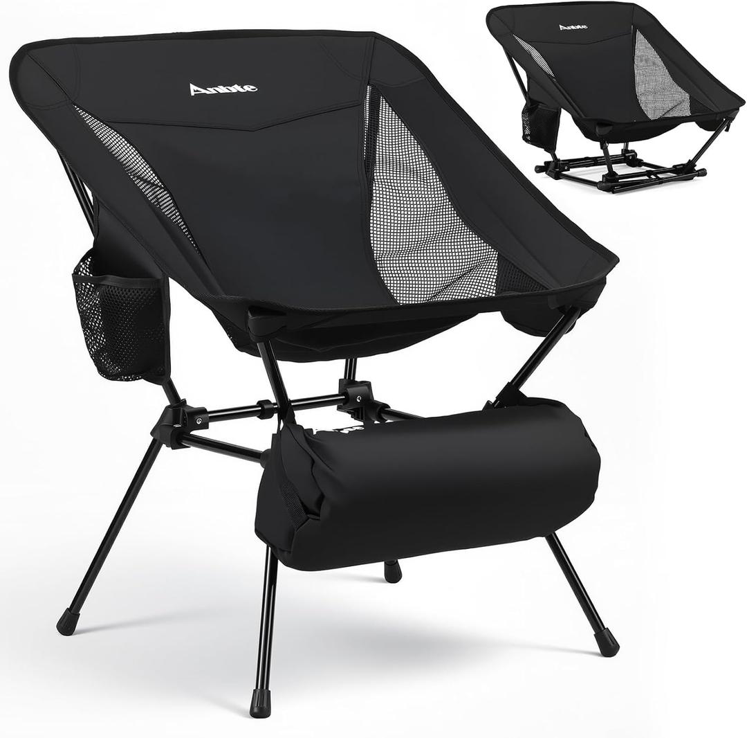 Anbte Extra Height & Width Portable Camping Chair, 400LBS Capacity Compact Folding Chair with Square Frame Quick Setup Storage Bags on Both Sides, Ideal for Camping Hiking Beach Picnic Outdoor, Black