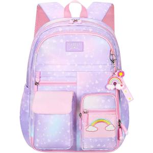 MCWTH School Backpack for Girls, Lightweight Waterproof Cute Rainbow School Bookbag for Teen Kids Students Elementary (Rainbow Purple) Large