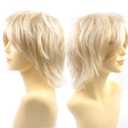 Modernfairy Anime Halloween Wig Platinum Blonde for Cosplay Party, Synthetic Layered Short Hair Wigs with Bangs, Pastel Wigs for Women Men