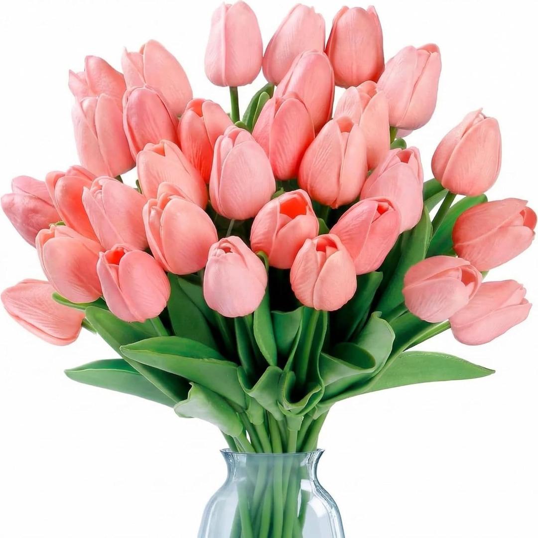 Hotop 40 Pcs Artificial Tulips Flowers 13" Real Lookfake PU Tulips Bouquet Faux Pink Flowers for Mothers Day Decorations Floral Arrangements Spring Dining Table Centerpieces Kitchen Home Indoor