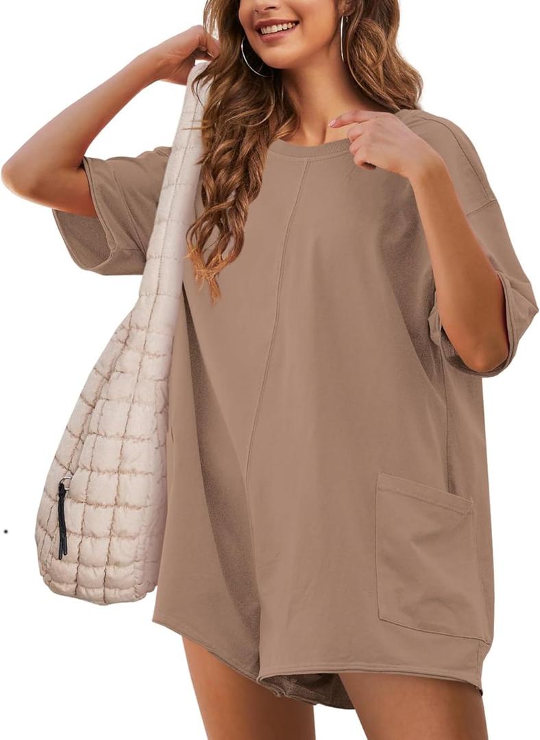 Womens T Shirt Romper Hot Shot Tee Romper for Summer Casual Short Sleeve Oversized Athletic Workout Outfits (Large, Darkkhaki)