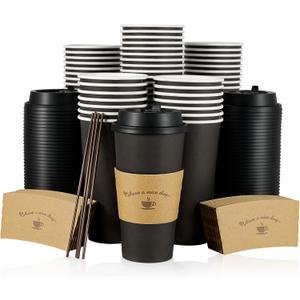 LITOPAK 50 Pack 20 oz Paper Coffee Cups for Hot Chocolate Drinks, Black Disposable Coffee Cups with Lids, Sleeves and Stirring Sticks for Parties, Picnic, Travel, and Events