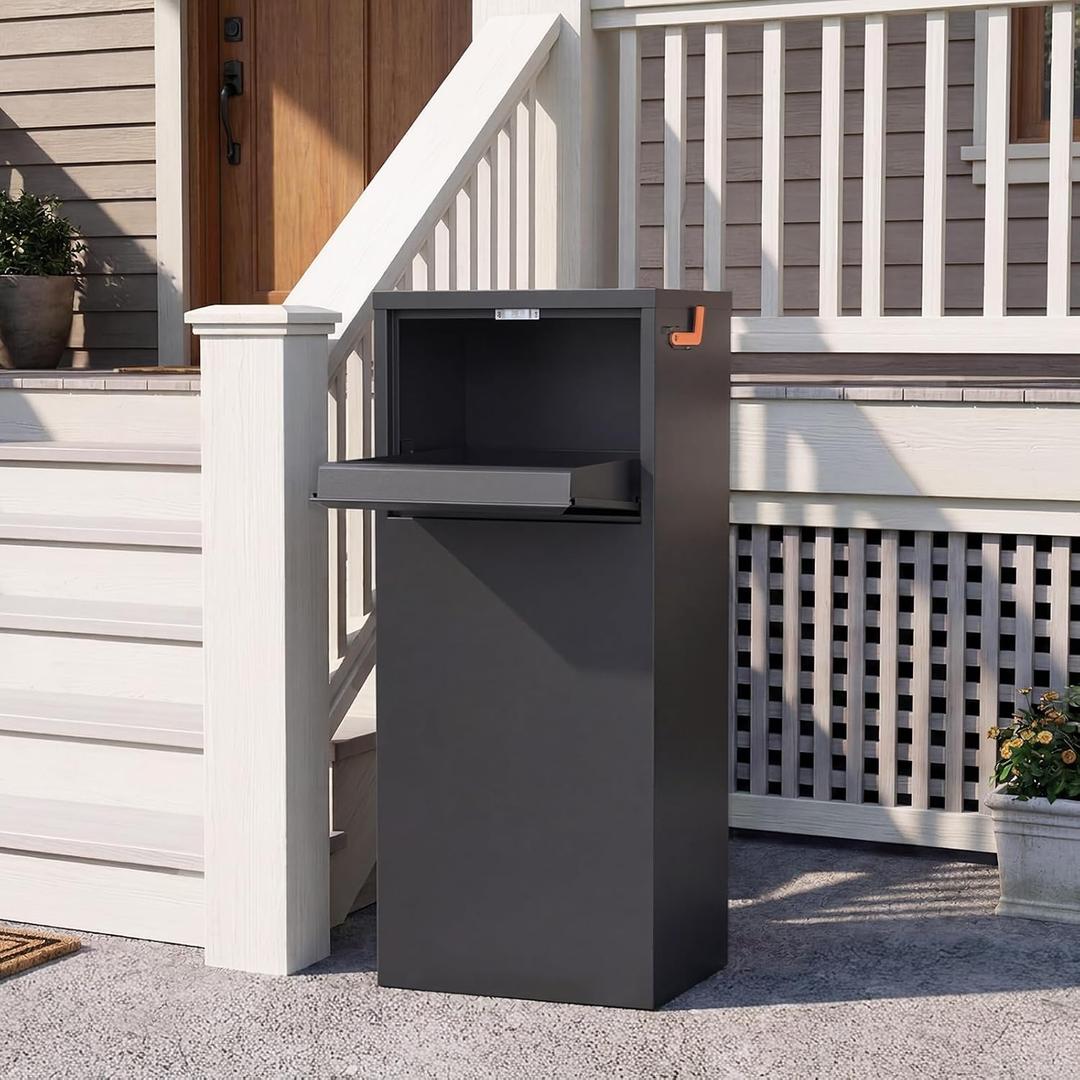 Merapi Parcel Drop Boxes for Outside, 15.24" x 11.42" x 35.47" Cold-Rolled Sheet Package Delivery Boxes, Anti-Theft Lockable Parcel Storage Box for House, Porch, Curbside, Black