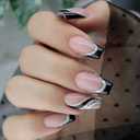 French Tip Press on Nails Short Coffin Fake Nails Black & White Swirl Glue on Nails Light Pink Translucent Acrylic Nails Silver Glitter Simple False Nails for Women 24 Pcs