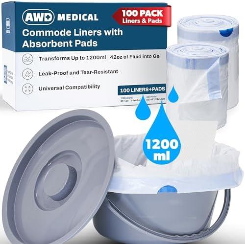 Commode Liners with Absorbent Pads - Adults Commode Bag Compatible with Most Toilets - Portable Commode Liners with Gel Pads - Disposable Bedside Toilet Liner Bags for Adult Potty Chair - 100-Pack