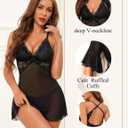 RSLOVE Women Sexy Lingerie Set - 3 Piece Babydoll & Lace Kimono Robe Strap Chemise Nightgown Mesh Sleepwear (Black, XL)
