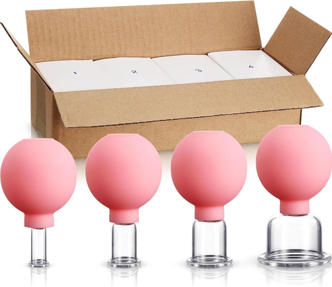 BBTO 4 Pieces Glass Cupping Set Glass Silicone Cupping Cups Massage Vacuum Suction Cupping Cups for Body Face Leg Arm Back Shoulder Muscle and Joint Pain (Pink)